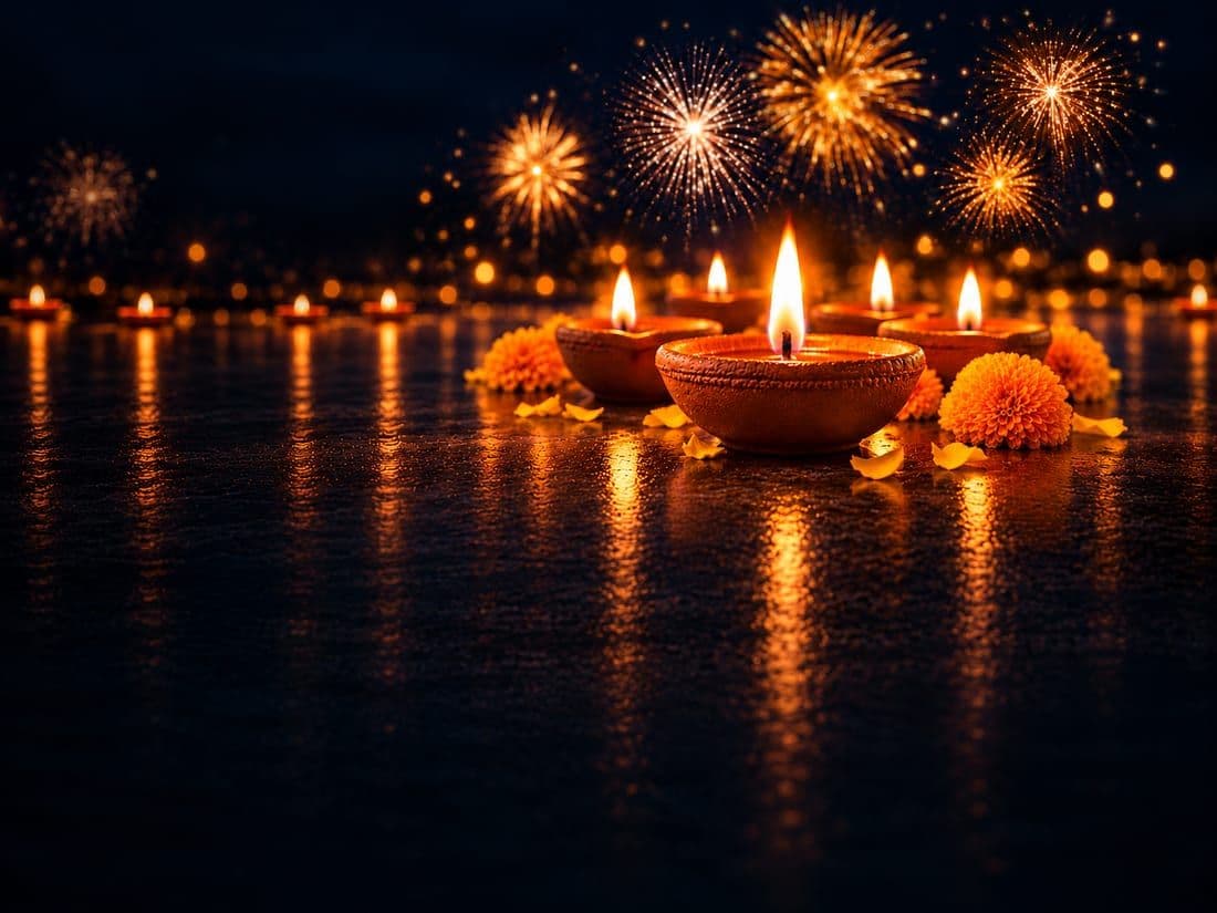 Lit clay diyas and marigolds with fireworks | Diwali Mela Dallas