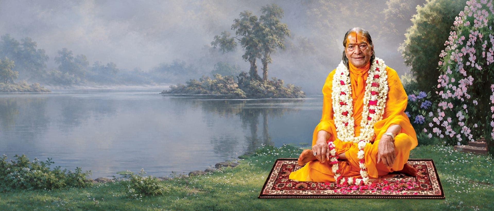 Jagadguru Shree Kripalu Ji Maharaj seated by a misty lake | Sharad Poornima