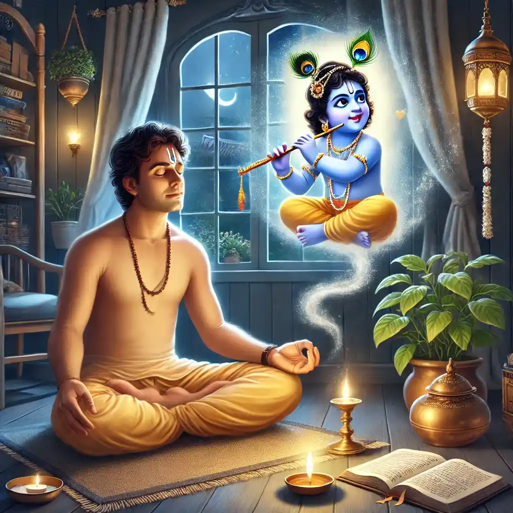 "In silent meditation, a devotee envisions Krishna’s butter stealing and playful pastimes—infusing daily prayer with divine love and heartfelt bhakti."