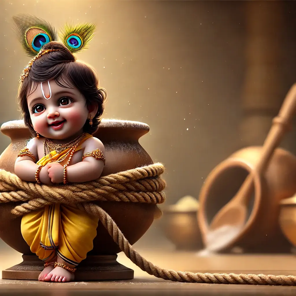 "Baby Krishna tied securely to a wooden mortar in Vrindavan, symbolizing Damodar Leela — divine love, playfulness, and spiritual devotion."