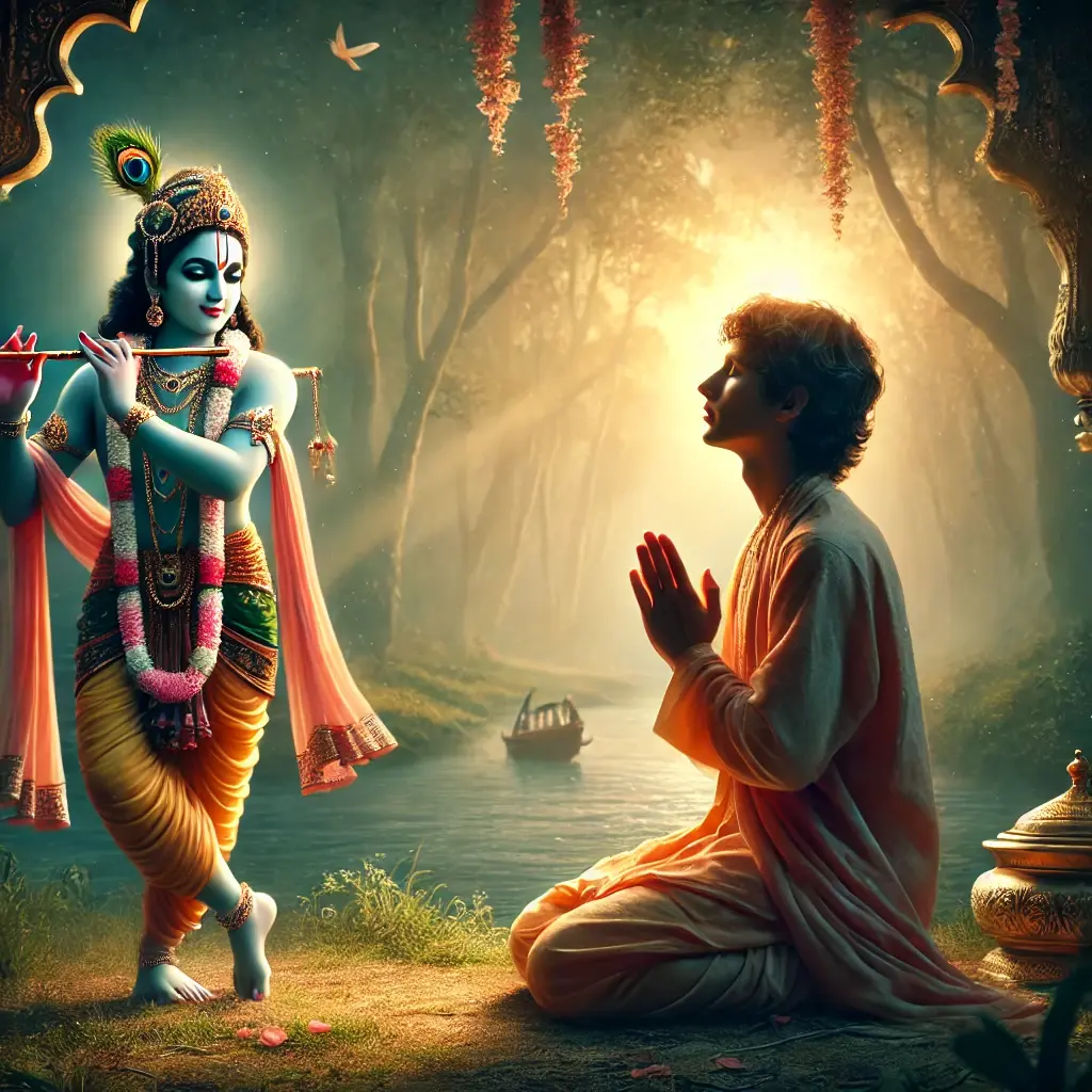 "Devotee kneeling before Lord Krishna seeking refuge, spiritual surrender in Vrindavan forest setting."