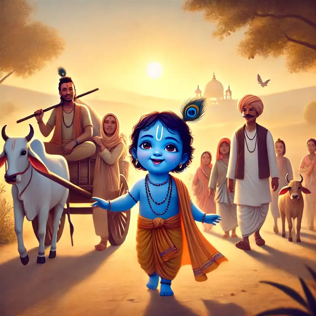 "Smiling villagers with clearly defined faces follow with bullock carts, cows, and children in a sunlit, peaceful countryside—symbolizing the spiritual move to Vrindavan."