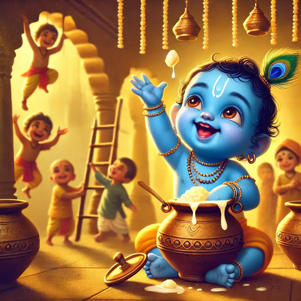 "In this joyful leela, Krishna steals butter with a smile—reminding us that God’s mischief is a sacred call to love, laugh, and connect from the heart."
