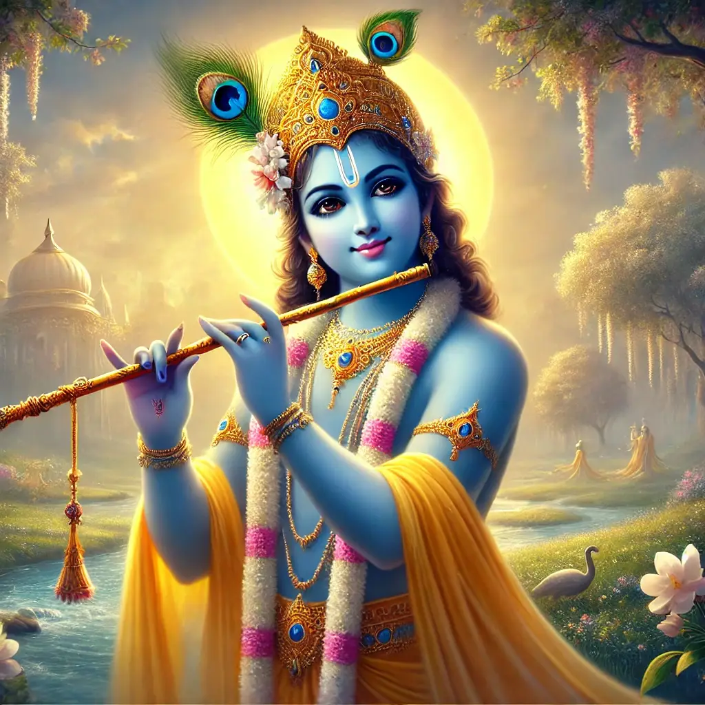 "A beautiful image of Lord Krishna in his Murlidhar form, standing gracefully in a serene Vrindavan setting, playing his flute."