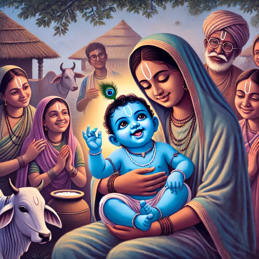 "Baby Krishna is joyfully fed by a loving Brajbasi in a peaceful village, symbolizing pure devotion beyond rituals and scriptural knowledge.