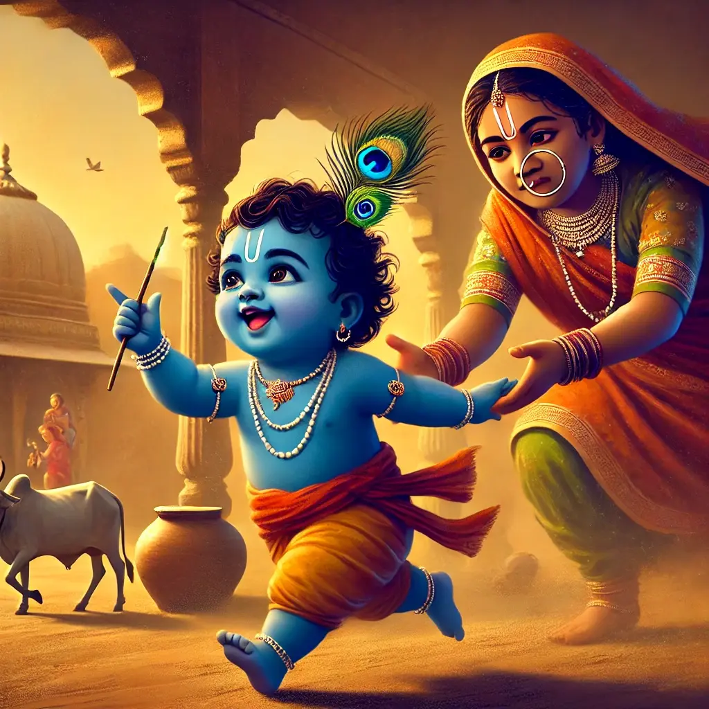 "In this vibrant leela, Yashoda chases playful Krishna—symbolizing how life’s challenges are God’s way of drawing us closer in love and surrender."