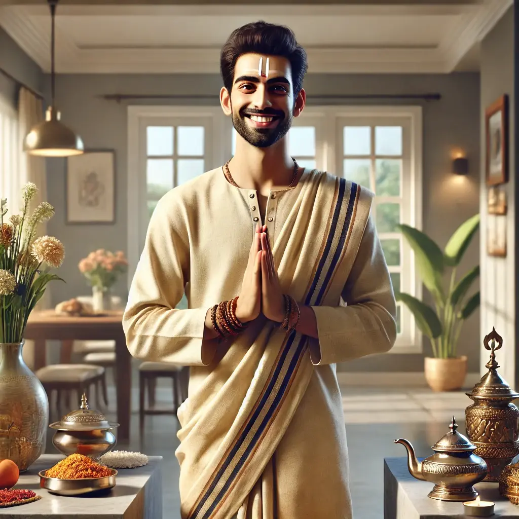"Indian devotee in a traditional home with folded hands, showing signs of prosperity, gratitude, and a grounded, peaceful lifestyle."
