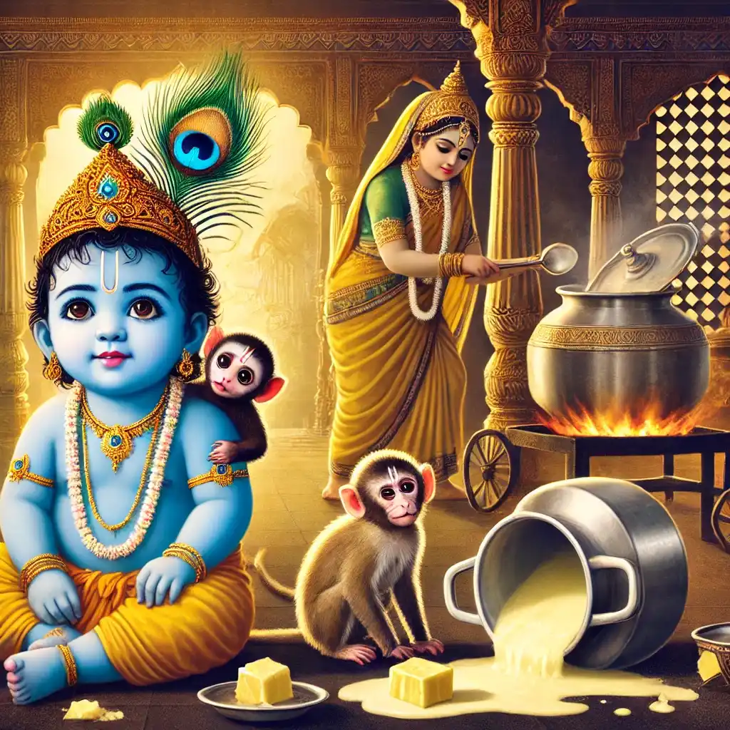 "Krishna looks emotionally reflective in a kitchen with butter pots broken around him, while Yashoda tends urgently to boiling milk in the distance."