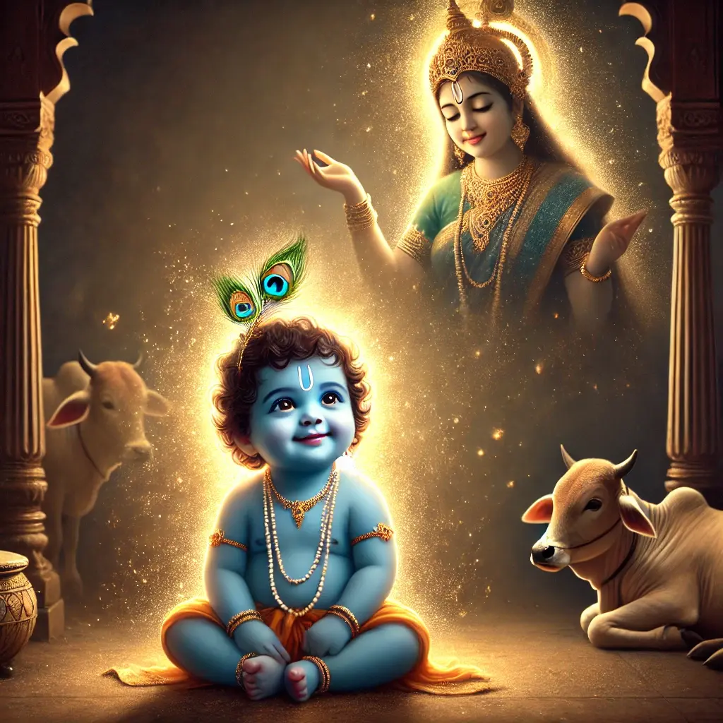 "A picture of baby krishna sitting while his Aishwarya Shakti being manifested there."