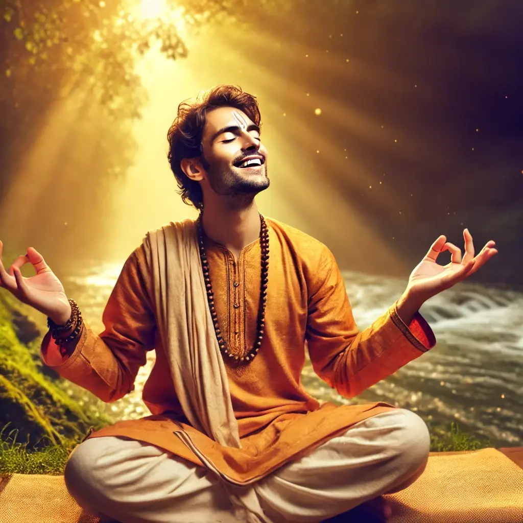 "Indian devotee sitting joyfully in meditation after chanting Govinda mantra, surrounded by golden light in a serene spiritual setting."