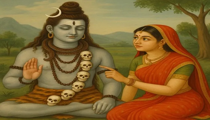 Lord Shiv sits calmly, while Goddess Parvati, seated beside him, points at the garland of skulls with a look of curiosity and wonder.