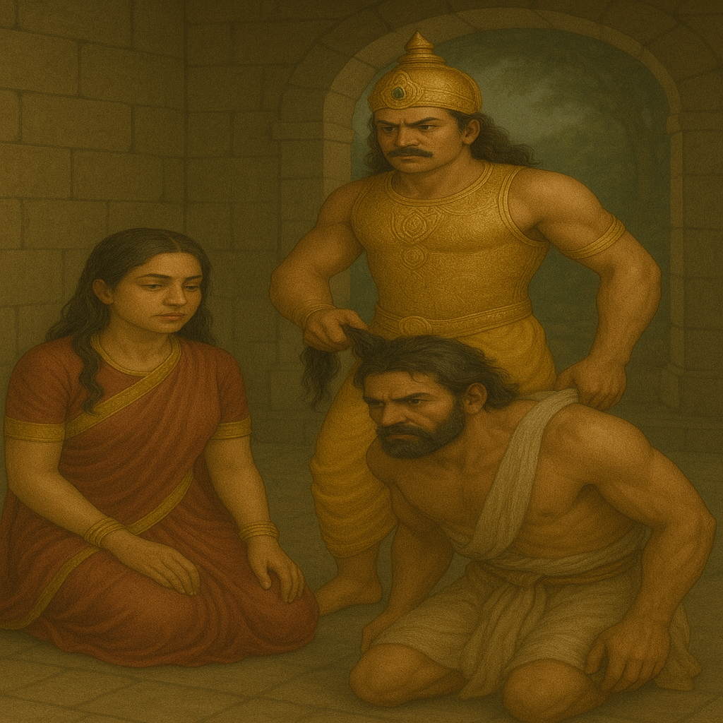 Arjun presents a bound Ashwatthama to Draupadi, who responds with grace and forgiveness in this iconic Mahabharata scene.