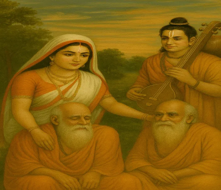 Bhakti Devi, youthful and serene, sits with her frail sons while Narad Muni approaches with his tanpura in a lush forest setting.