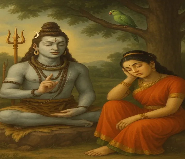 Lord Shiv, wearing a skull garland, narrates the Amarkatha to Goddess Parvati in a calm Himalayan setting, symbolizing Kailash.