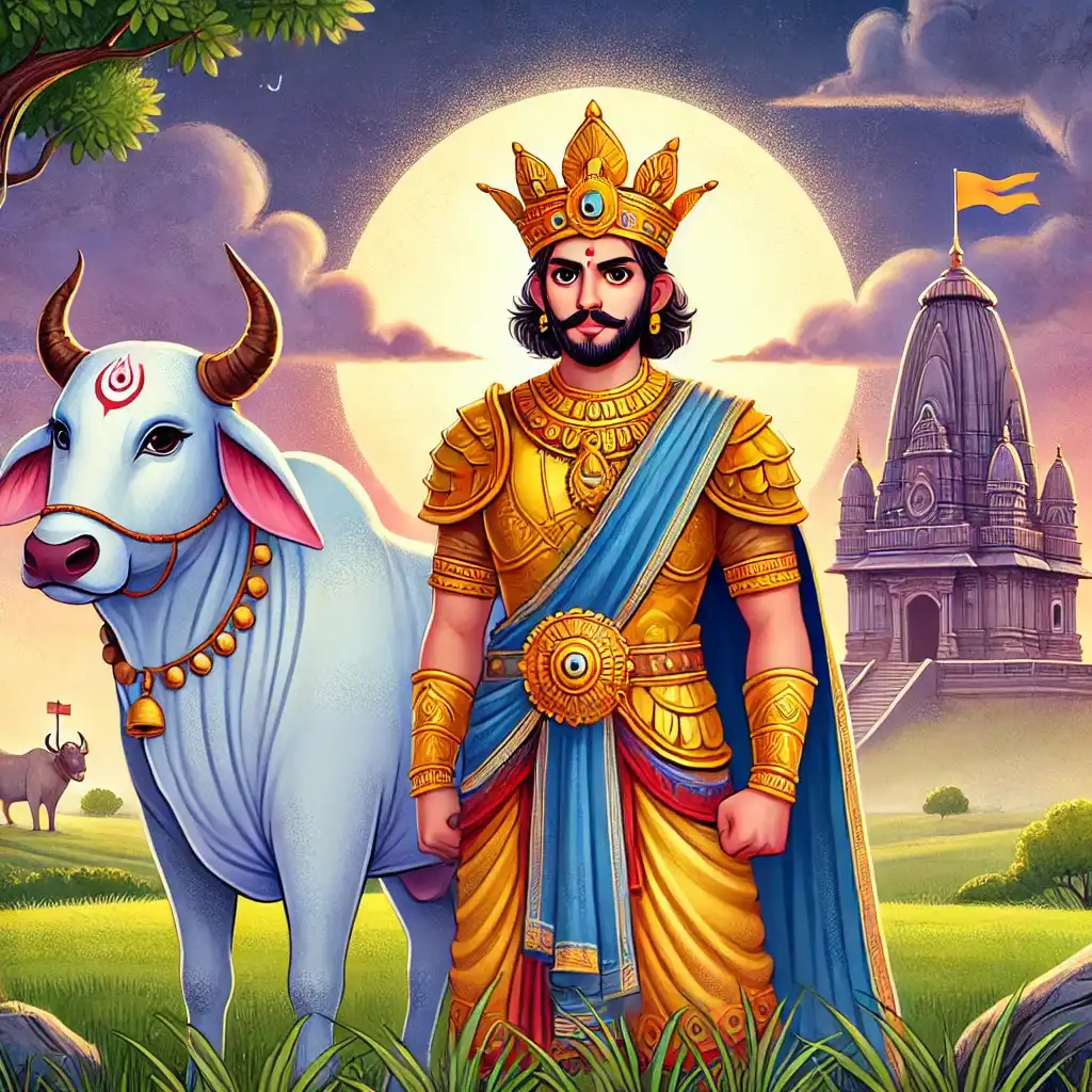 King Parikshit stands regally in golden armor beside a sacred cow, with a temple and glowing sunset in the background.