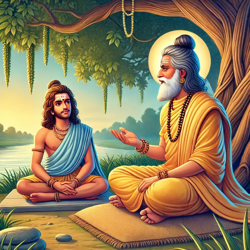 Sage Sukhdev Goswami imparts the Bhagavat Katha to King Parikshit by the serene banks of the Ganga under a sacred peepal tree.