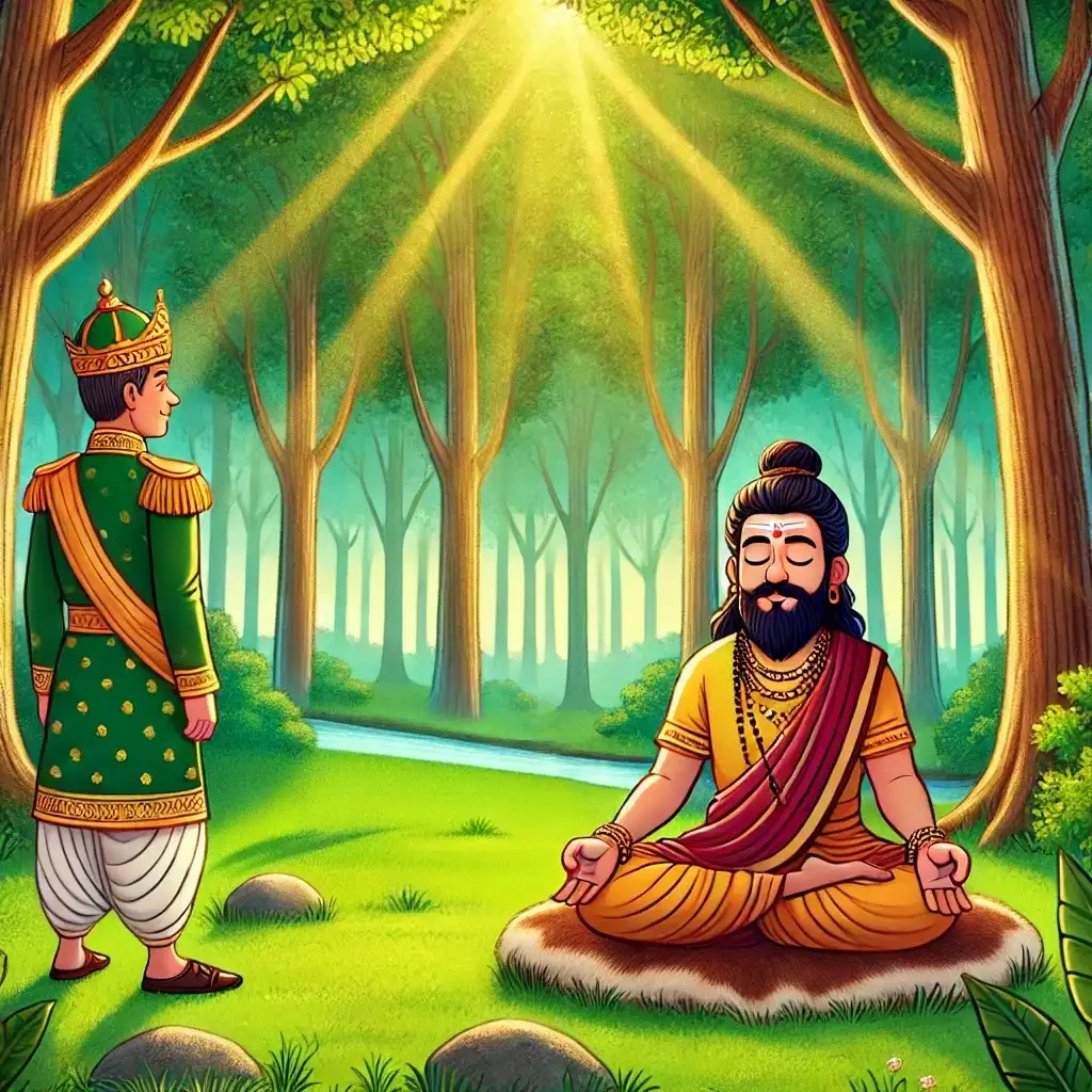 King Parikshit stands as Sage Shamik meditates peacefully in a sunlit forest clearing near a gentle river.
