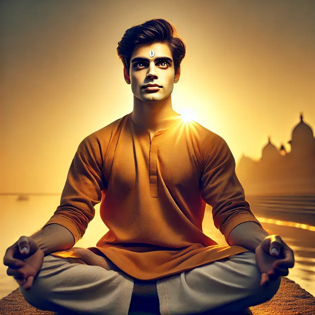 A serene Indian man meditates by the Ganga, reflecting Bhagavad Gita 6.5—control the mind to elevate the self, as taught by Shree Krishna.