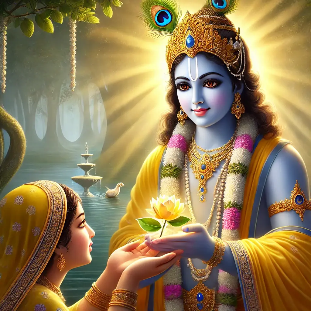 Krishna, with radiant eyes, accepts a devotee’s humble offering of leaf, flower, fruit, and water—symbolizing pure Bhakti from Bhagavad Gita 9.26.