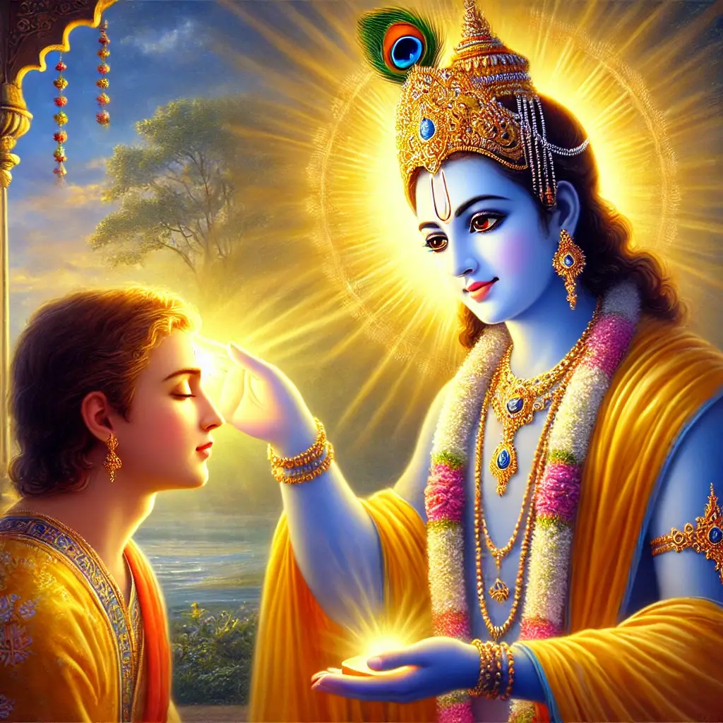 Lord Krishna, with radiant eyes and a divine smile, transmits wisdom to a devotee through light, portraying the gift of enlightenment in Bhagavad Gita 10.10.