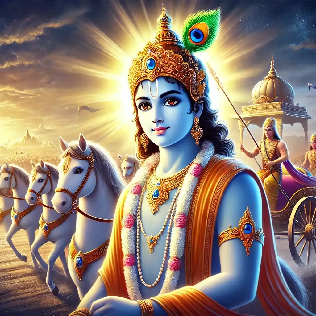 Animated image of Lord Krishna as Arjuna’s charioteer in Kurukshetra, symbolizing selfless action from Bhagavad Gita 3.22, with calm, divine expression.