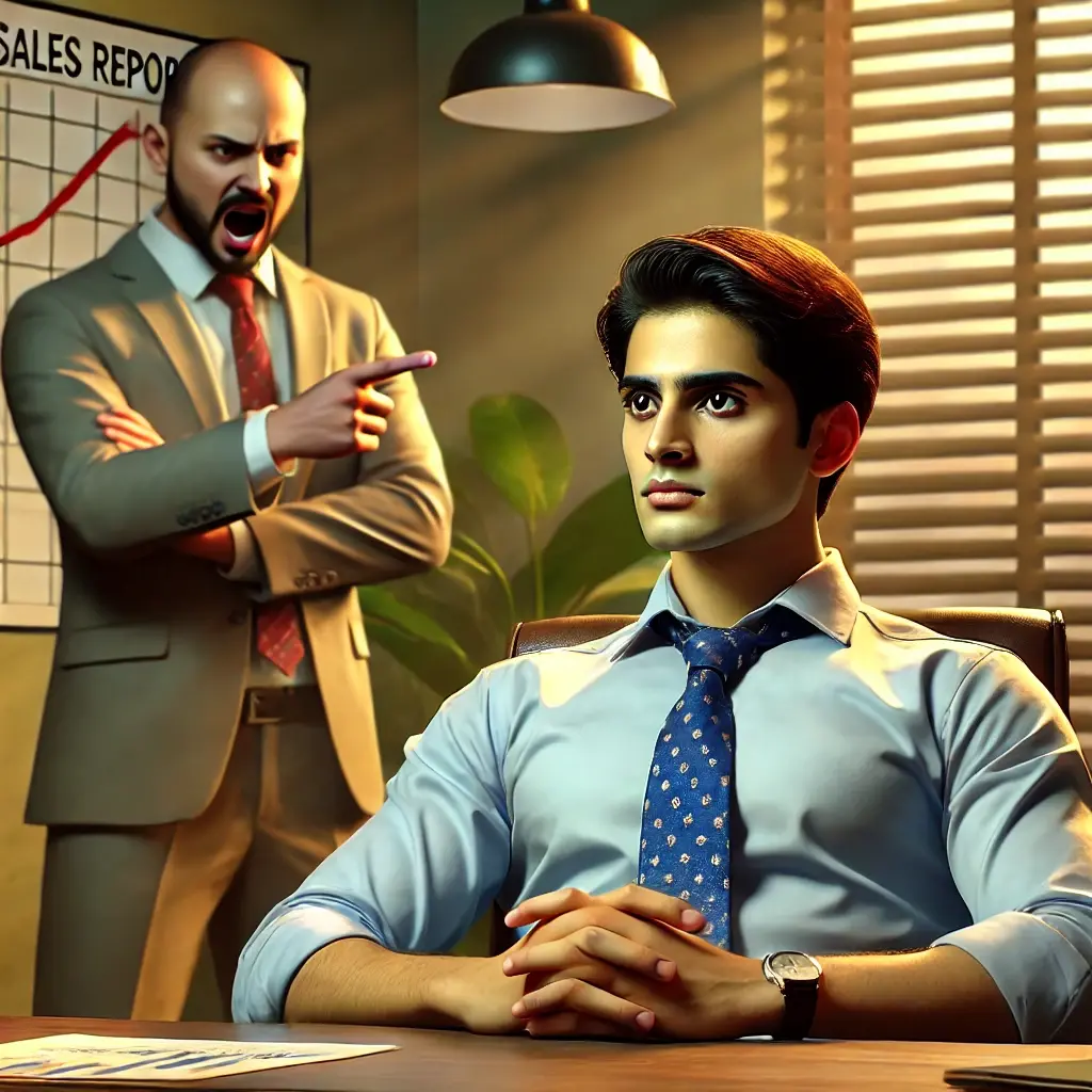 An employee stays calm and composed during a boss’s outburst, reflecting Gita 2.47’s teaching on detachment from results and focus on selfless action.