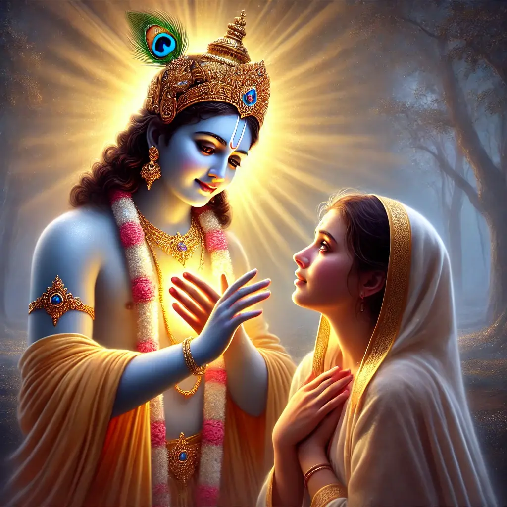 Krishna blesses a devotee with divine darshan and a gentle touch on the head, honoring exclusive love and surrender, as reflected in Bhagavad Gita 12.20.
