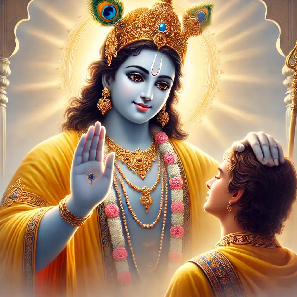 Lord Krishna, hand raised in blessing, shields a surrendering devotee with divine grace—portraying His vow that His devotee never perishes (Gita 9.31).
