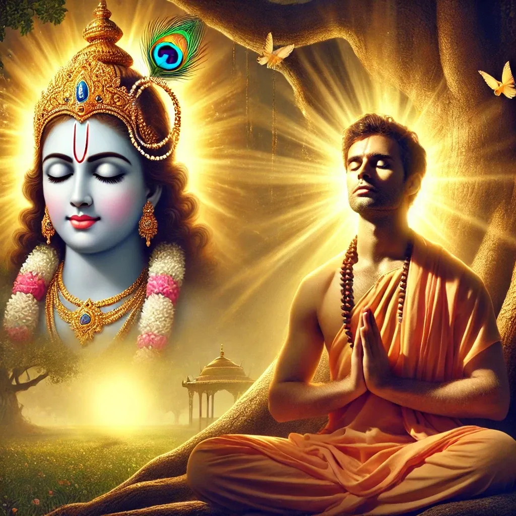 A peaceful yogi meditates as Krishna appears in a divine vision—symbolizing spiritual awakening and realization of Krishna as the Supreme Lord (Gita 7.19).
