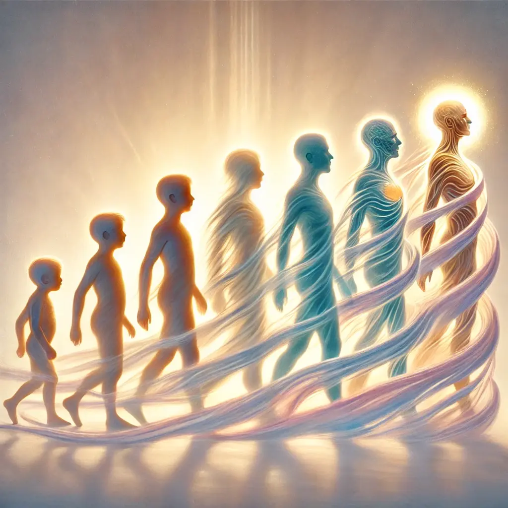 Illustration of a flowing human silhouette transitioning from child to elder, with a glowing soul constant throughout, symbolizing Bhagavad Gita 2.13.