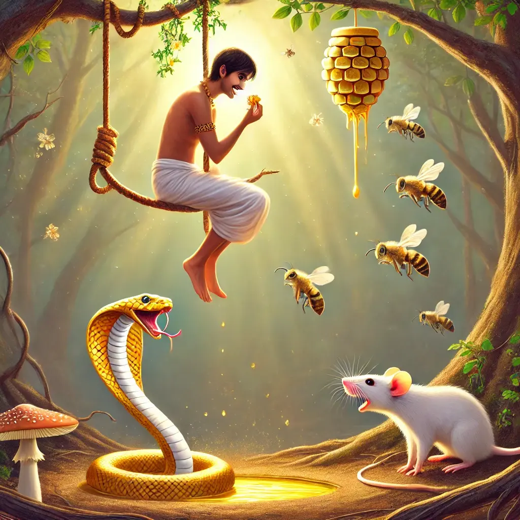 Man hangs by a vine over a pit with a snake below, mice gnawing the vine, bees stinging, and honey dripping—symbolizing time, death, and false pleasures.