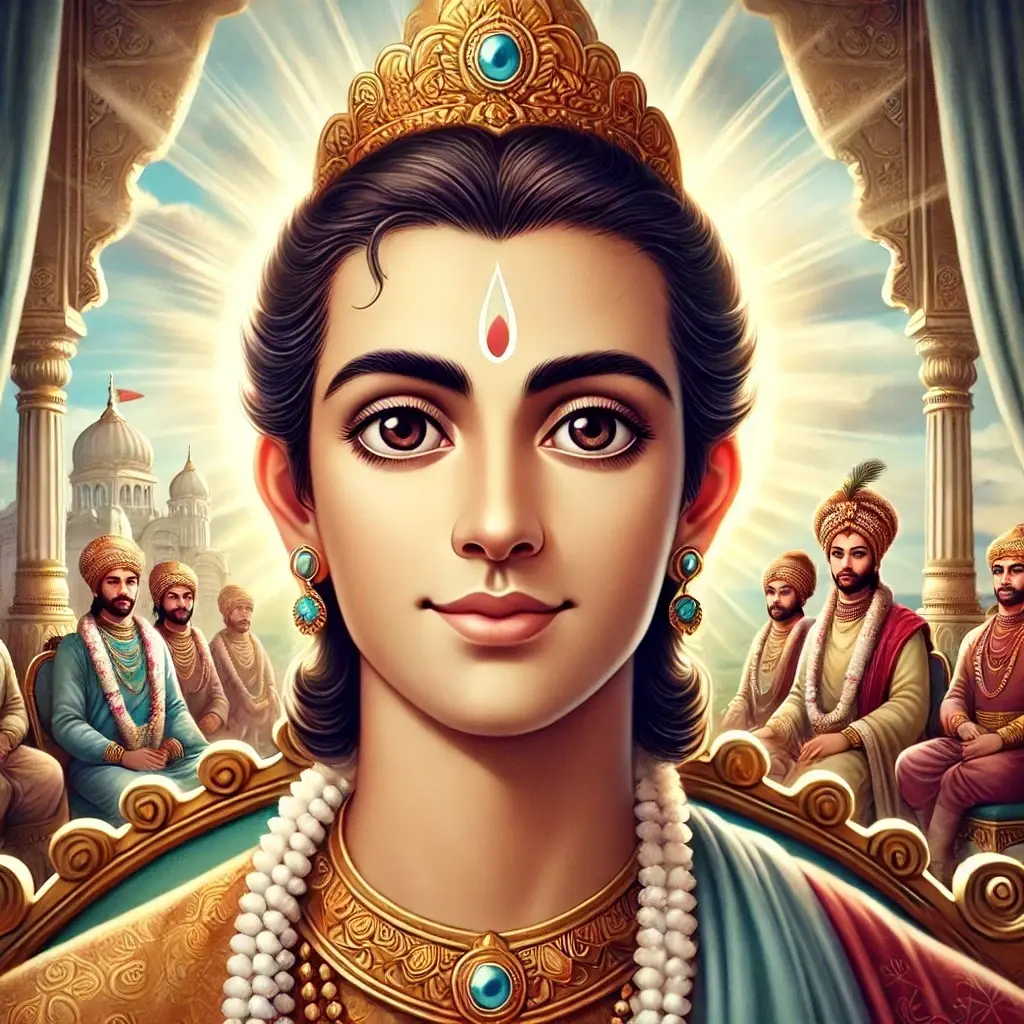 Animated image of King Janak on a royal throne with serene, beautiful features and radiant eyes, symbolizing spiritual duty from Bhagavad Gita 3.20.