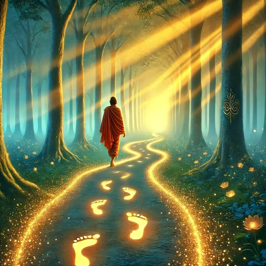An Indian seeker walks a forest path at sunrise, with golden footprints behind him, symbolizing Bhagavad Gita 2.40: no spiritual effort is ever wasted.