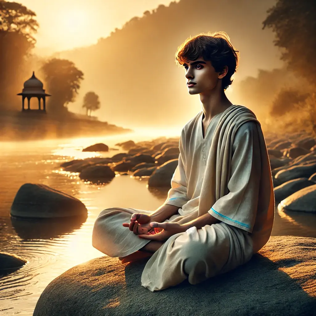 An Indian youth meditates calmly by a river at dawn, symbolizing Dhrti from Bhagavad Gita 18.33—inner strength and determination through Yogic discipline.