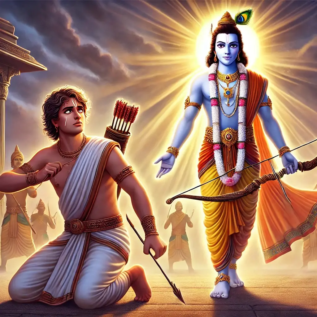 Animated image of Arjuna in doubt and Krishna offering calm guidance, portraying Bhagavad Gita 18.7 on the ignorance of abandoning duty out of fear.