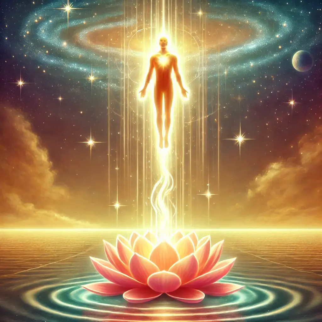Spiritual image of a glowing soul ascending from a lotus into radiant light, symbolizing liberation and the eternal journey of the soul beyond death.