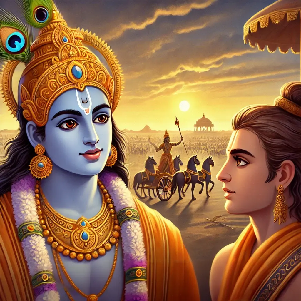 Animated image of Krishna advising Arjuna with calm clarity, illustrating Bhagavad Gita 2.48 on performing duties without attachment to results.