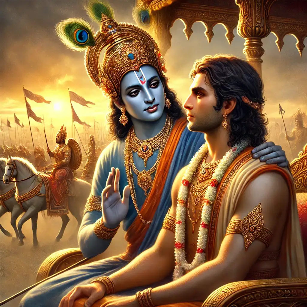 Shree Krishna is sitting besides Arjun and speaking to him with comforting assurance. 