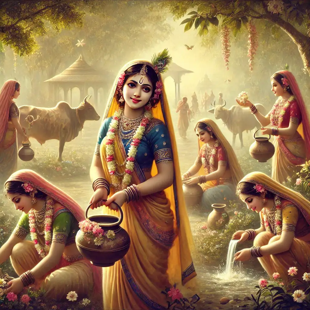 A beautiful image of Vrindavan's Gopis while they are carrying pots.