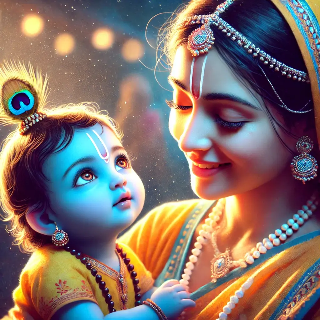 "Mother Yashoda lovingly holds baby Krishna, who gazes up with beautiful eyes, in a peaceful setting filled with divine warmth."