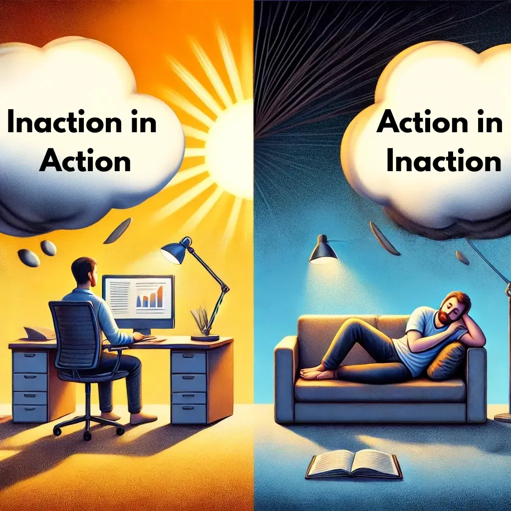 Illustration showing one man peacefully working (inaction in action) and another lying idle but mentally agitated (action in inaction), based on Gita 4.18.