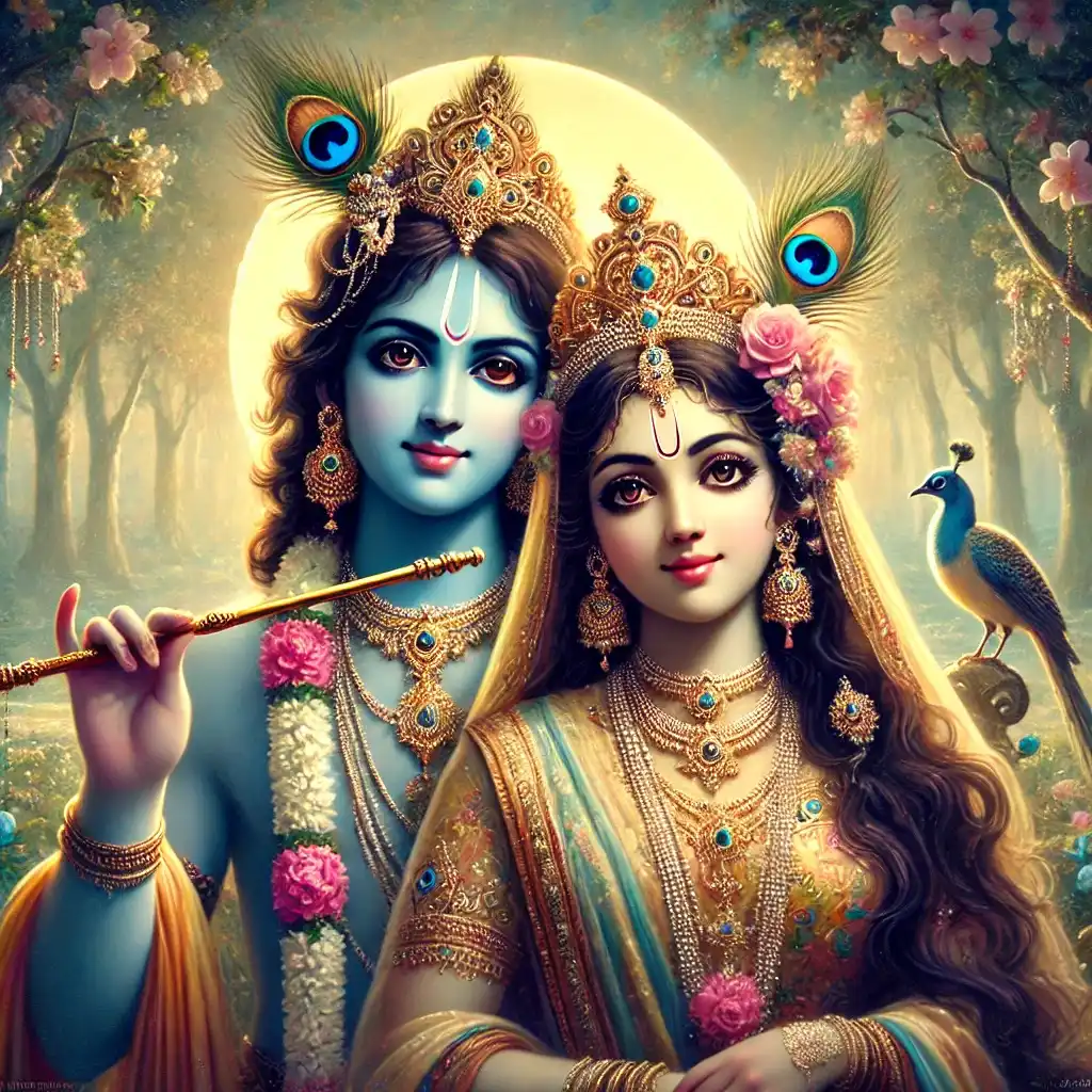 "Radha and Krishna in Vrindavan with enchanting, expressive eyes, surrounded by divine aura and blooming forest — symbol of pure love and devotion."