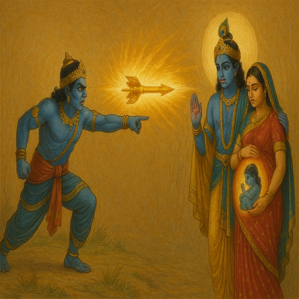 Shree Krishna enters Uttara’s womb to shield unborn Parikshit from Ashwatthama’s Brahmastra, showcasing divine protection.
