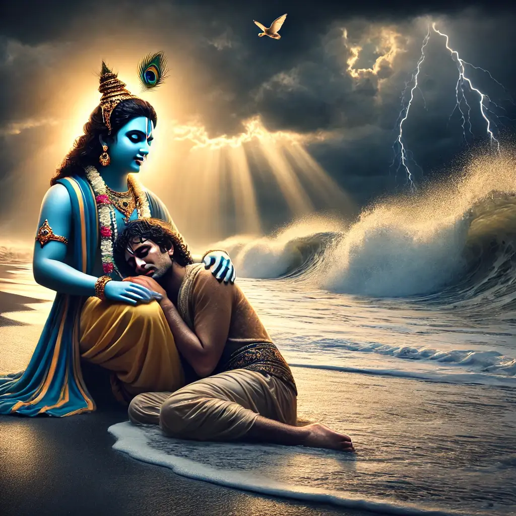 "An image of a devotee taking the refuge in lord's lap while sitting on the sea shore."