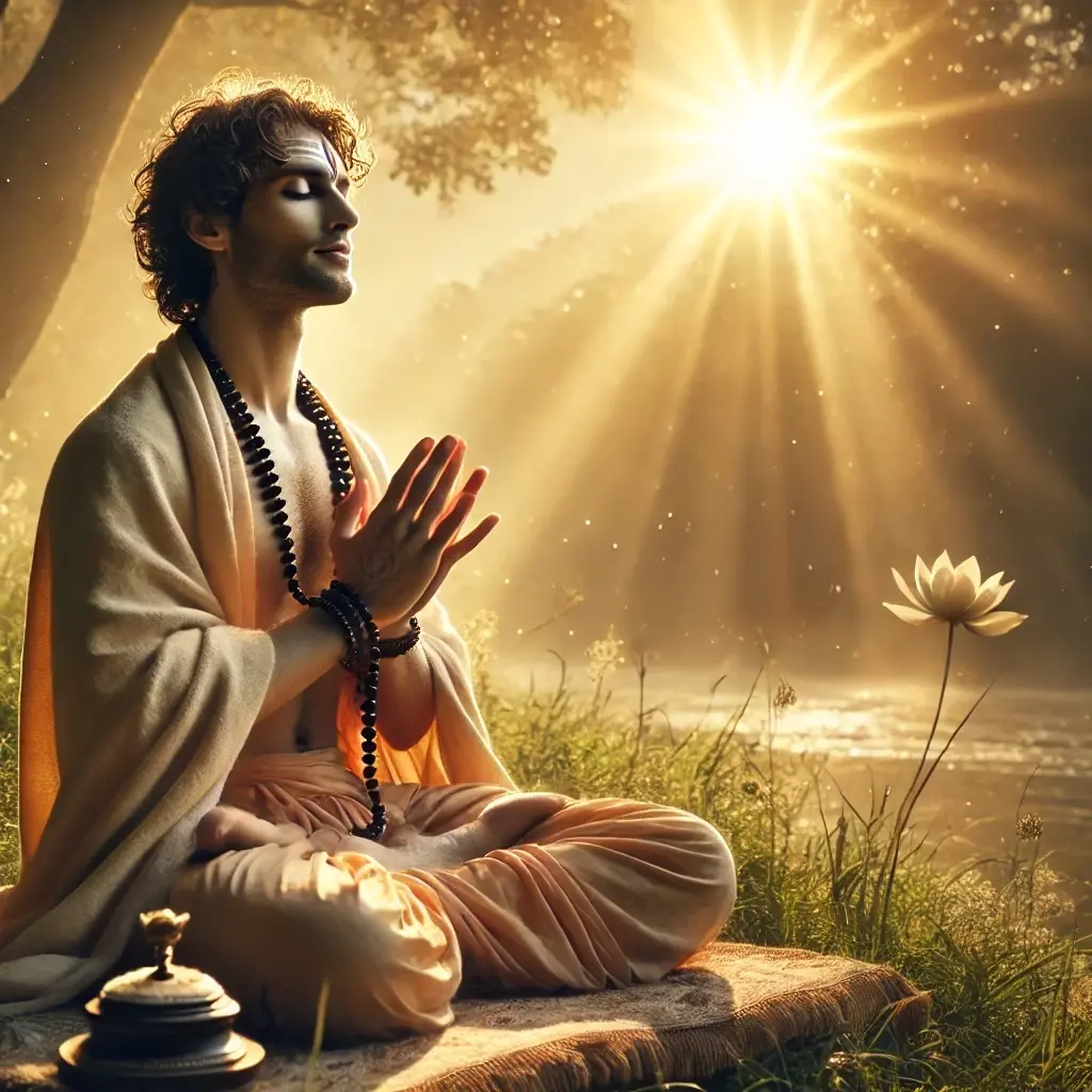 "A peaceful scene of a devotee seated beside a calm river during sunrise, holding prayer beads and chanting the Hare Rama mantra."