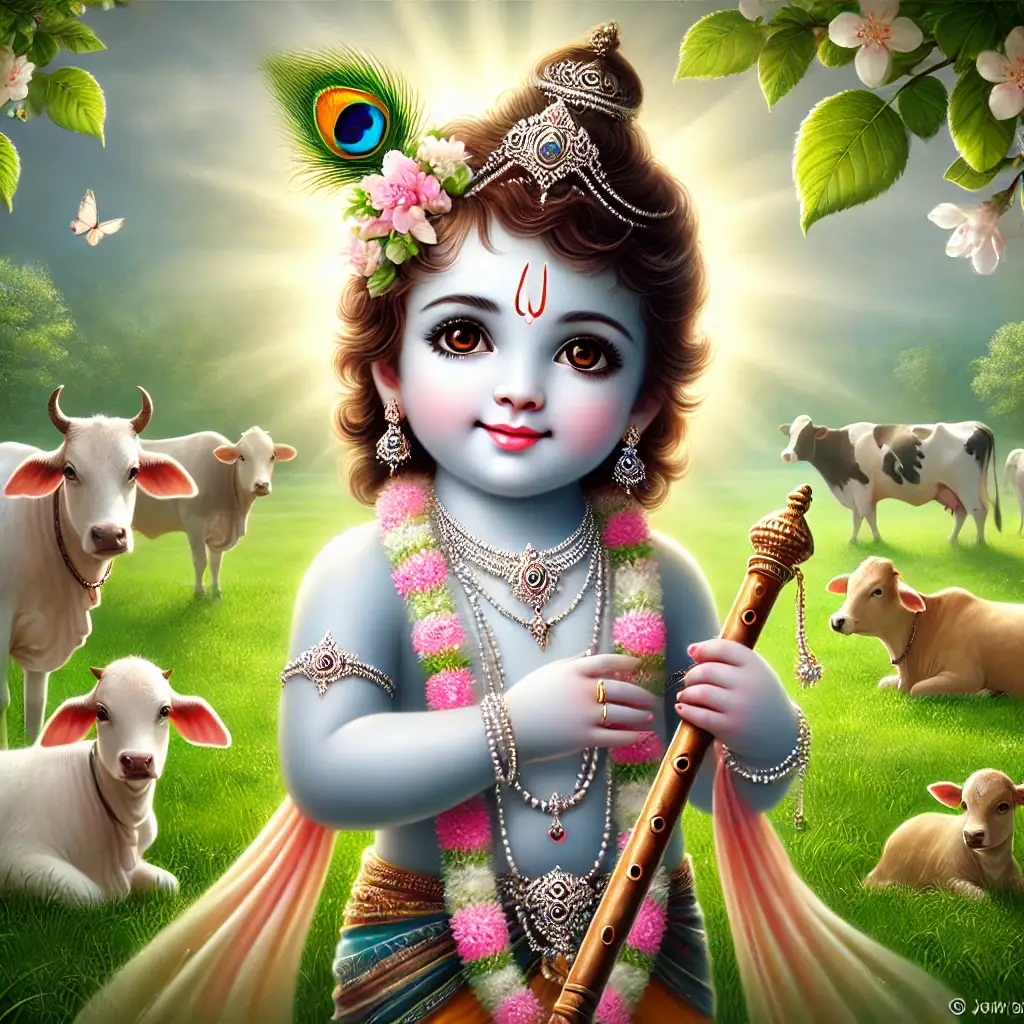 "An ethereal image of young Lord Krishna holding a flute, embodying the divine child of Devaki and Vasudeva."