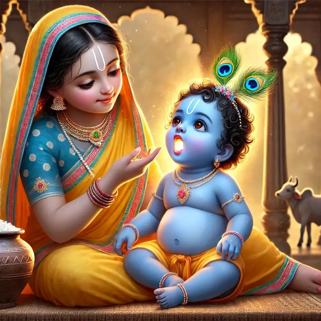 "A charming leela where blue-skinned Krishna calmly sits as Yashoda checks his mouth—a perfect blend of divine innocence and tender affection."