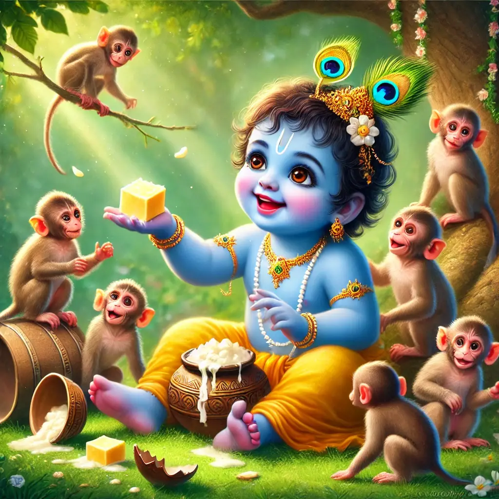 " A scene of divine mischief — Krishna feeds butter to monkeys after creating kitchen chaos, delighting in the joy of giving."