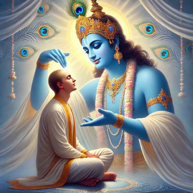 A painting of a person sitting on the ground with a blue face.