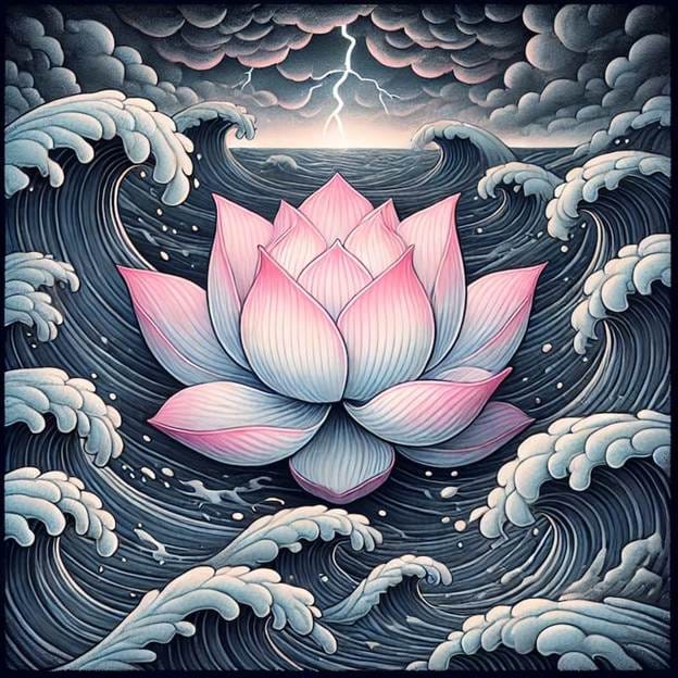 A pink flower in the middle of a sea.